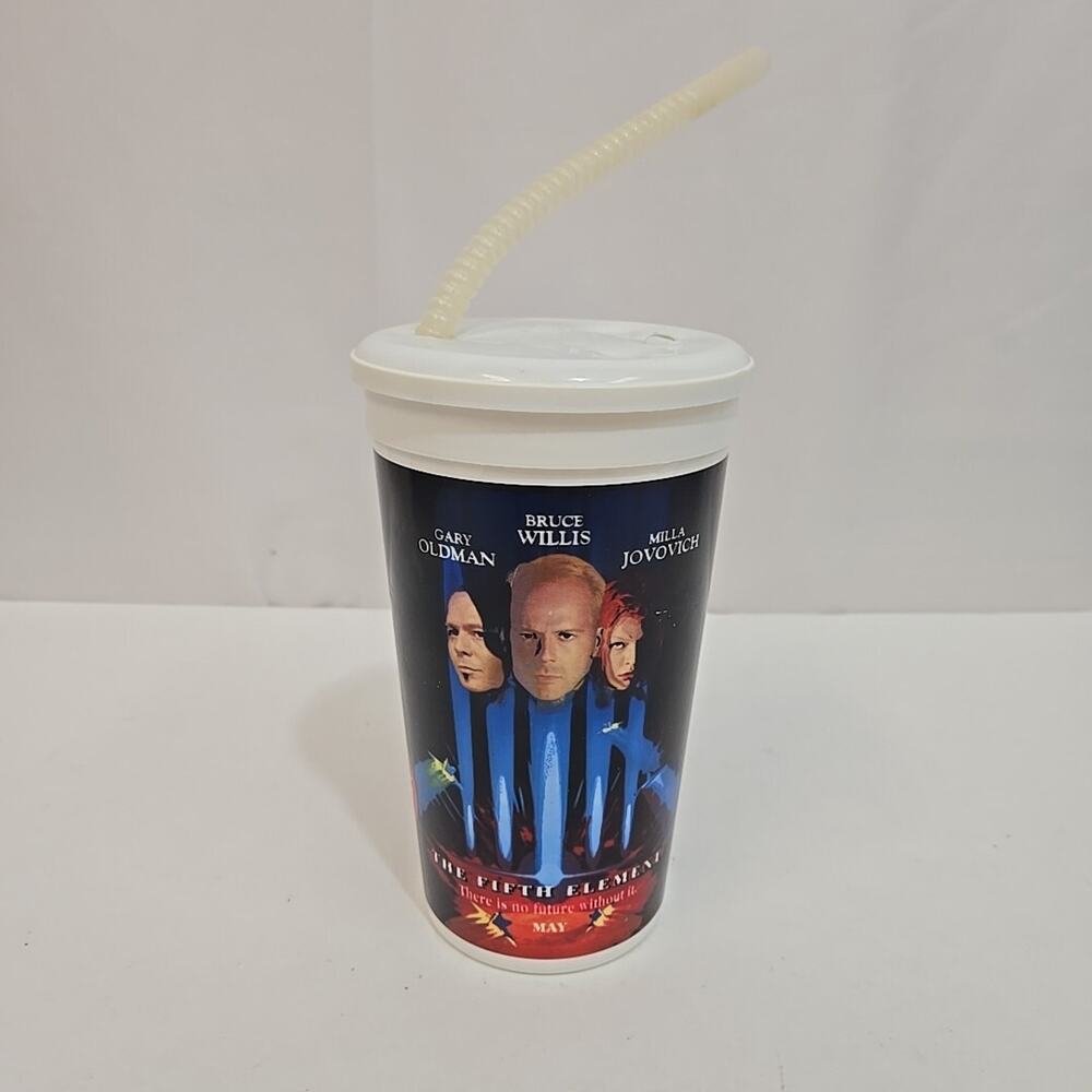 VTG The Fifth Element Plastic Cup Bruce Willis Gary Oldman Sony w Lid No Theater